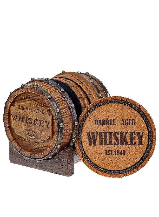 Pine Ridge 5pcs 1840 Aged Whiskey Barrel Drink Coaster Set with Holder - Rustic Bar Coasters for Whiskey Table & Bourbon Room - Unique Bar Accessories for Man Cave - Beer & Whiskey Glass Coaster - Image 1